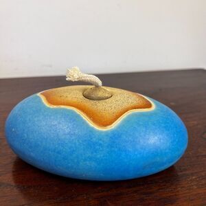 Handmade Ceramic Stoneware Oil Lamp Blue Sand Glaze Mid Century Coastal Style